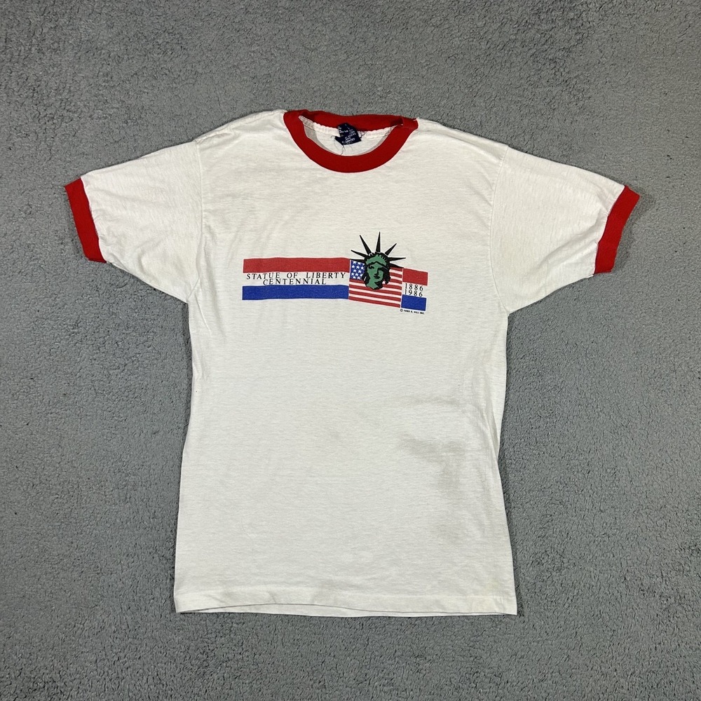 Vintage 80 Statue of Liberty Centennial American Flag Ringer T-Shirt Large #3807